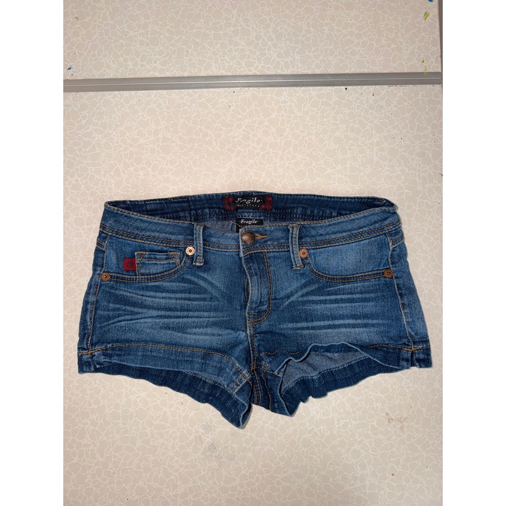 Fragile Blue Jeans Womens Sz 9 Medium Wash Denim Short Shorts Hot Pants Low Rise